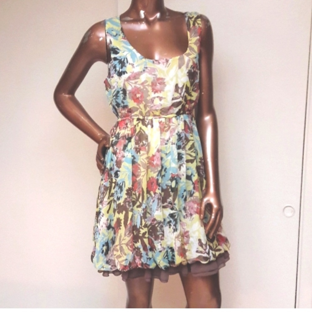American Rag Blue & Yellow Floral Chiffon Bubble Dress with Ruffle Detail Size L